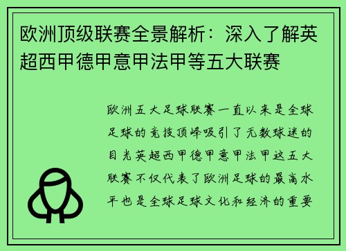 欧洲顶级联赛全景解析：深入了解英超西甲德甲意甲法甲等五大联赛