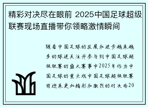 精彩对决尽在眼前 2025中国足球超级联赛现场直播带你领略激情瞬间