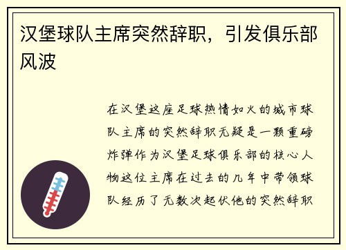 汉堡球队主席突然辞职，引发俱乐部风波