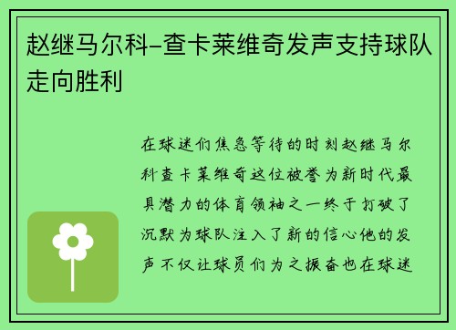 赵继马尔科-查卡莱维奇发声支持球队走向胜利